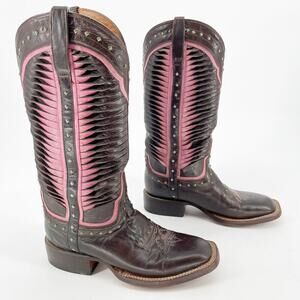 Lucchese Cheyenne Chocolate Pink Contrast Twist Square Toe Cowgirl Boot size 7.5